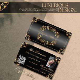 Shimmery Black Gold Decor with Photo and QR Code Business Card