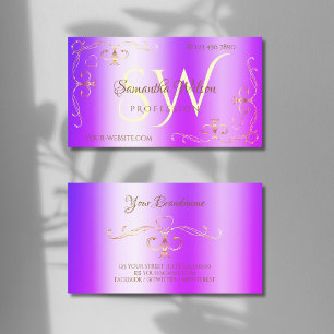 Shimmery Blue Purple Gold Ornate Corners Initials Business Card