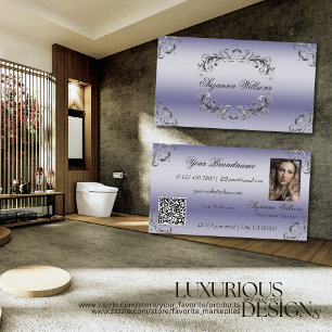 Shimmery Blue Silver Decor with Photo and QR Code Business Card
