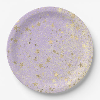 Shimmery Glittery Gold Stars on Lavender      Paper Plate