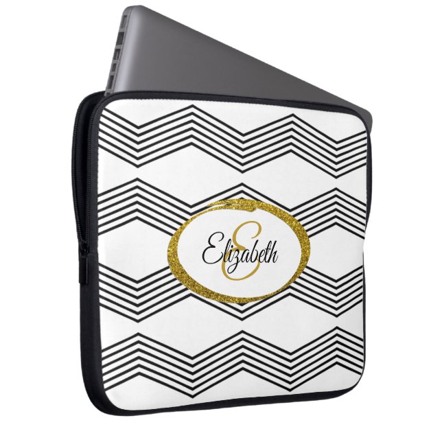 Shimmery Gold Faux Glitter & Zig Zag Pattern  Laptop Sleeve (Front Right)
