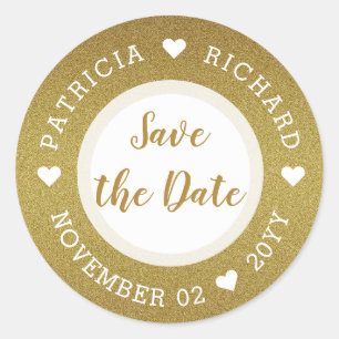 Shimmery Gold Glitter Wedding Save The Date Classic Round Sticker