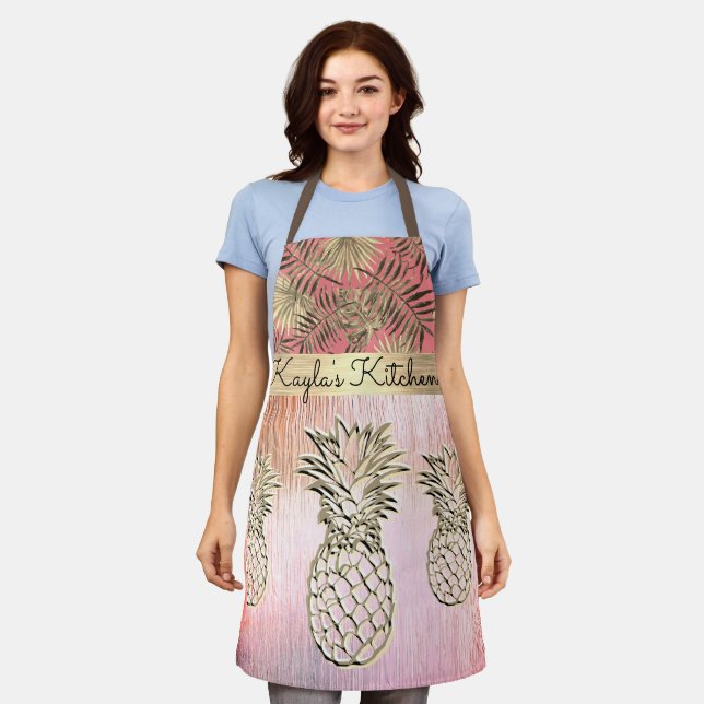 Shimmery Gold Pineapple Tropical Fern Apron (Worn)