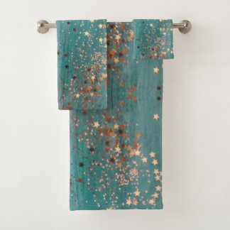 Shimmery Gold Stars on Teal  Bath Towel Set