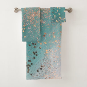 Shimmery Gold Stars on Teal Bath Towel Set
