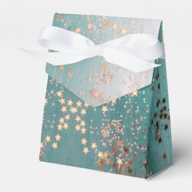 Shimmery Gold Stars on Teal Favor Box (Front Side)