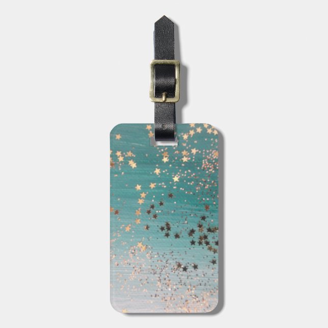 Shimmery Gold Stars on Teal  Luggage Tag (Front Vertical)
