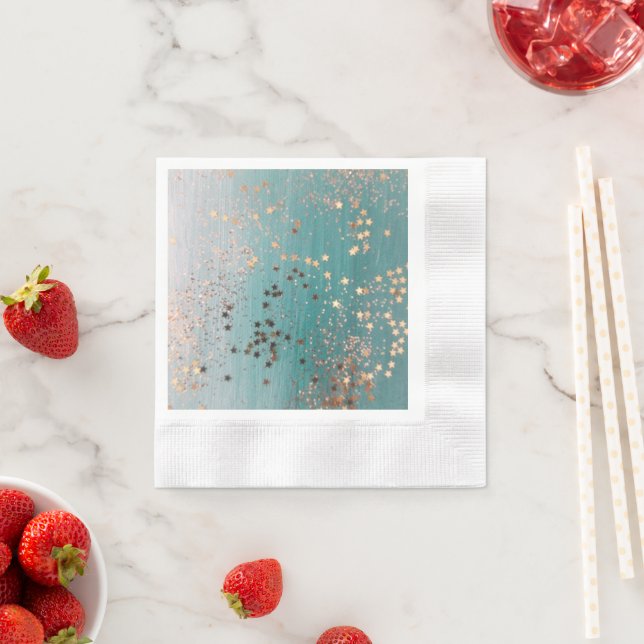 Shimmery Gold Stars on Teal  Napkin (Insitu)