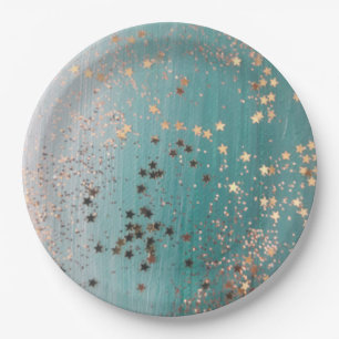 Shimmery Gold Stars on Teal  Paper Plate