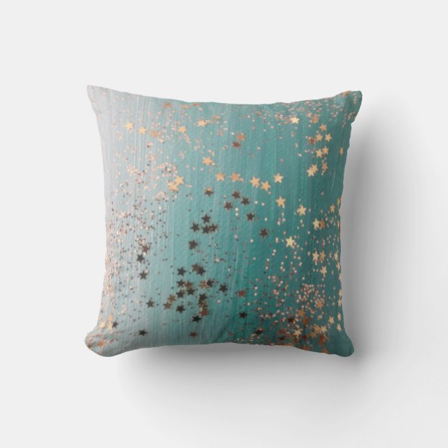 Shimmery Gold Stars on Teal  Throw Pillow (Front)