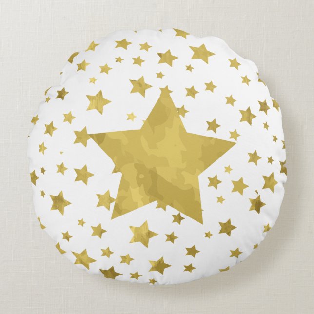 Shimmery Goldstars Golden Star Pattern Round Pillow (Front)