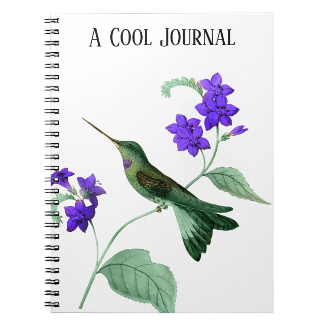 Shimmery Green Hummingbird on Purple Flower Stem Notebook (Front)