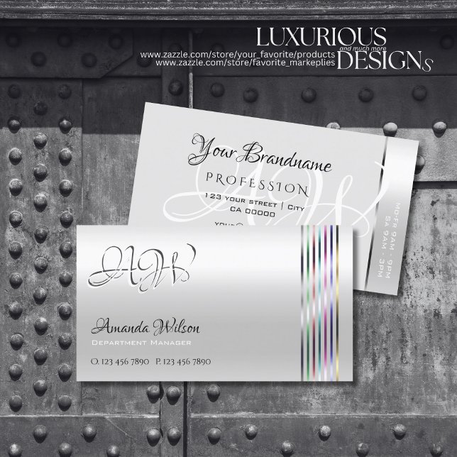 Shimmery Light Silver Colourful Stripes Monogram Business Card (Creator Uploaded)