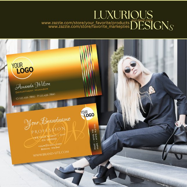 Shimmery Orange Colourful Decor Stripes add Logo  Business Card (Creator Uploaded)