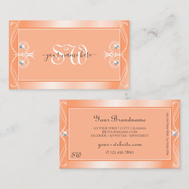 Shimmery Peach Sparkling Diamonds Monogram Ornate Business Card (Front/Back)