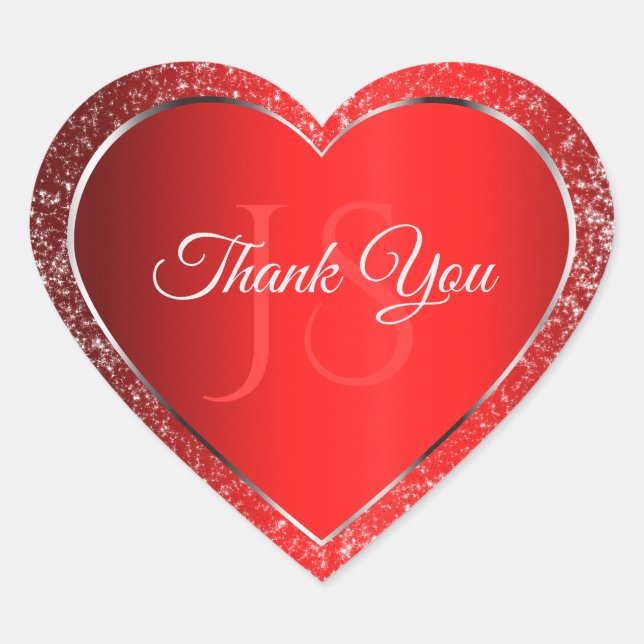 Shimmery Red with Glitter Initials Cute Thank You Heart Sticker (Front)