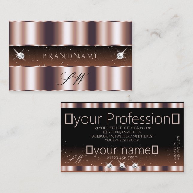 Shimmery Rose Gold Brown Sparkle Jewels Monogram Business Card (Front/Back)