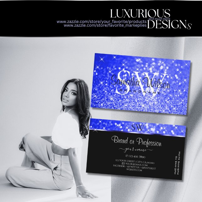 Shimmery Royal Blue Glitter Sparkle Stars Monogram Business Card (Creator Uploaded)