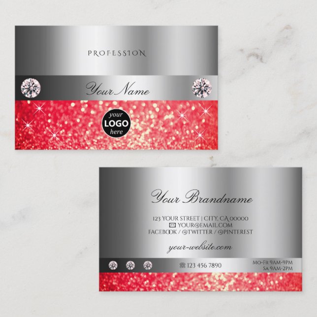 Shimmery Silver Sparkle Ruby Red Glitter with Logo Business Card (Front/Back)