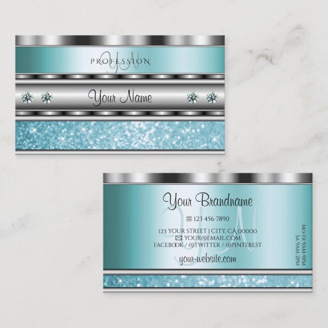 Shimmery Silver Sparkling Teal Glitter Monogram Business Card (Front/Back)