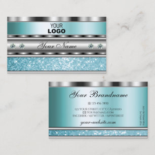 Shimmery Silver Sparkling Teal Glitter with Logo Business Card