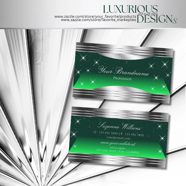 Shimmery Stars Green Silver Borders Faux Glittered Business Card (Creator Uploaded)