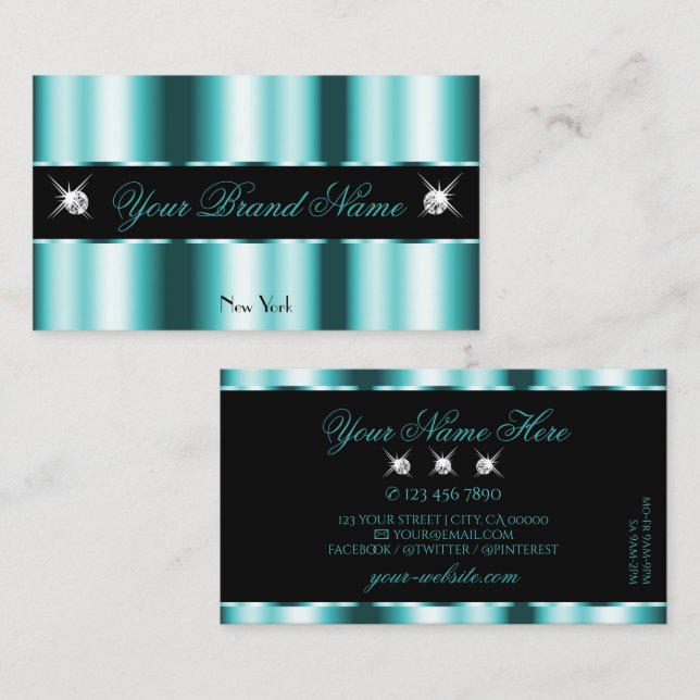 Shimmery Teal and Black Sparkling Diamonds Stylish Business Card (Front/Back)