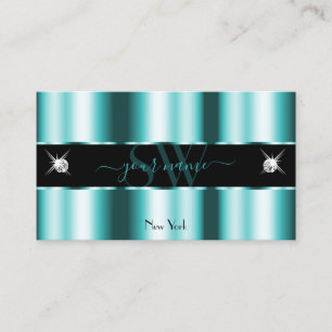 Shimmery Teal Black Sparkling Diamonds Monogram Business Card