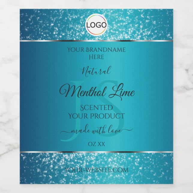 Shimmery Teal Logo Initials Glitter Product Labels (Single Label)