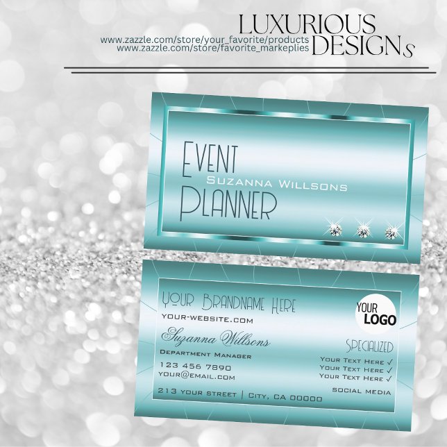 Shimmery Teal with Diamonds and Logo Stylish Business Card (Creator Uploaded)