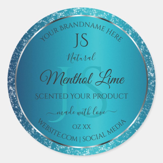 Shimmery Teal with Glitter Initials Product Labels (Front)
