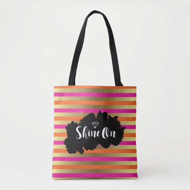 Shine On Pink, Pink & Faux Gold Metallic Stripe Tote Bag (Front)