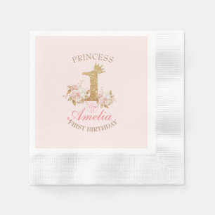 Shine Pink Gold Crown Princess 1st Birthday Party Napkin