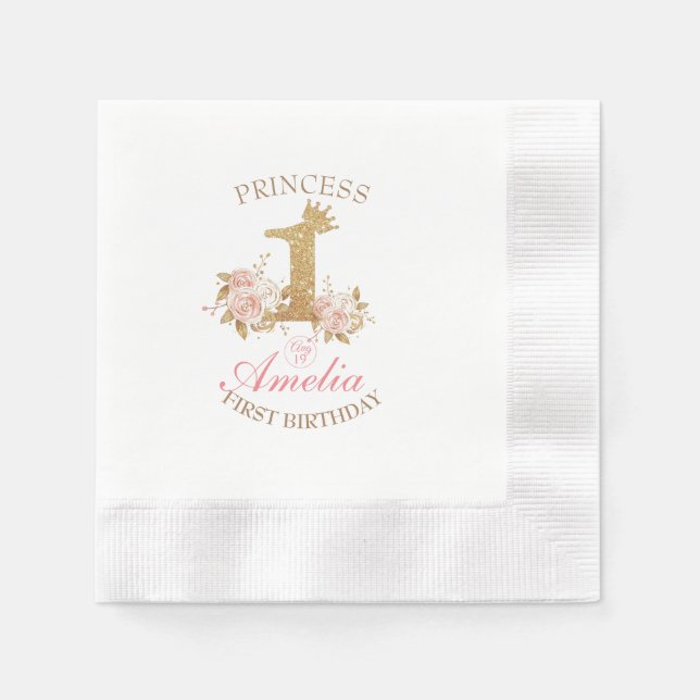 Shine Pink Gold Crown Princess 1st Birthday Party Napkin (Front)