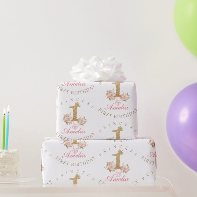 Shine Pink Gold Crown Princess 1st Birthday Party  Wrapping Paper (Party Gifts)