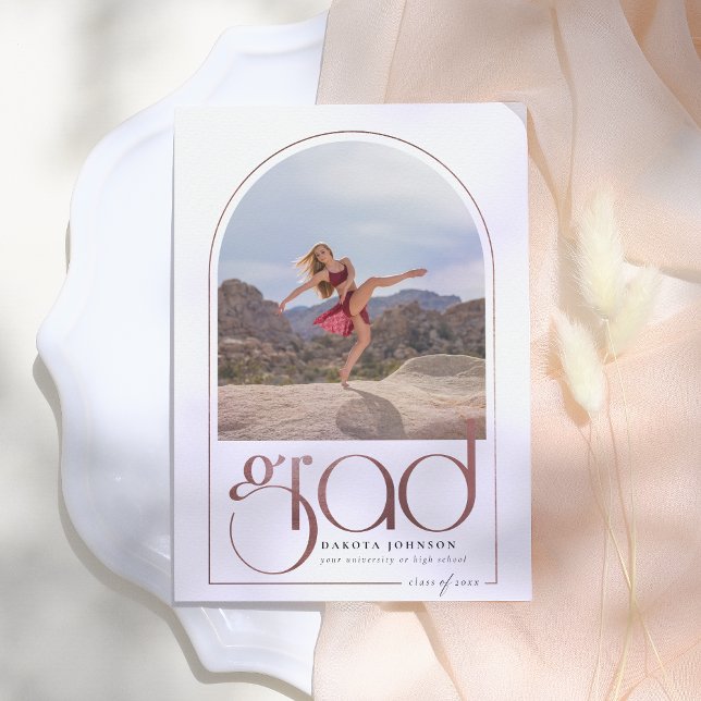 Shine Rose Gold Arch Typography 2 Photo Graduation Invitation (Creator Uploaded)