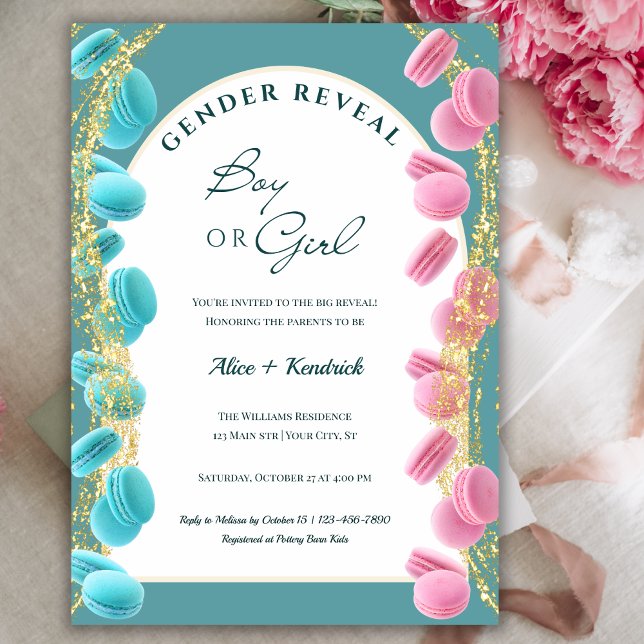 Shining Elegant Pink & Blue Macarons Gender Reveal Invitation (Creator Uploaded)