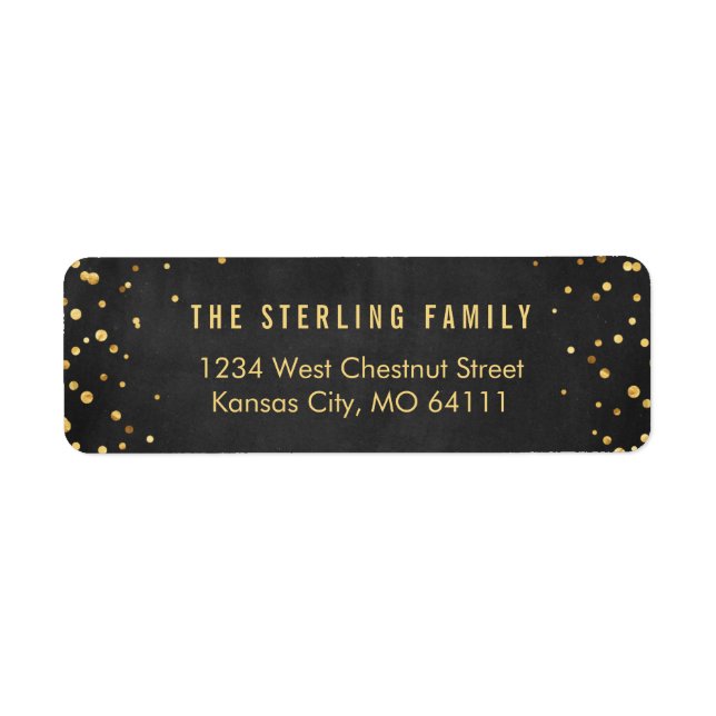 Shining Gold Dots Chic Black Return Address Label (Front)