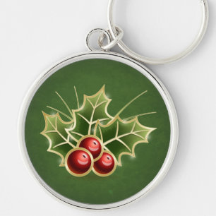 Shining Holly Berry Christmas green Keychain