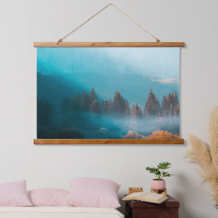Shining light on foggy autumn forest hanging tapestry