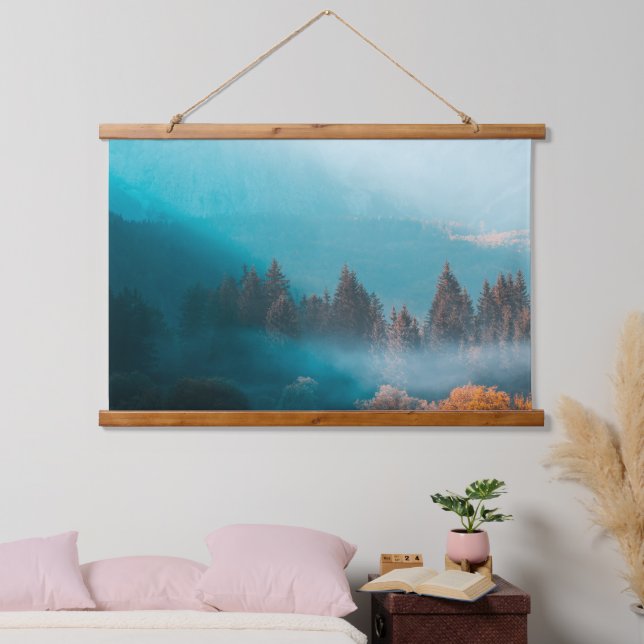 Shining light on foggy autumn forest hanging tapestry (Bedroom)