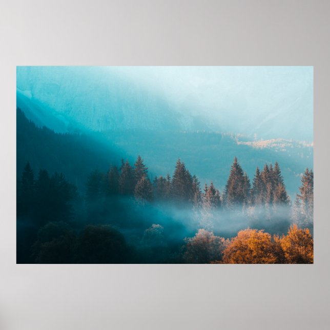 Shining light on foggy autumn forest poster (Front)