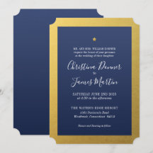 Shining Star Navy Gold Ticket Wedding Invitation