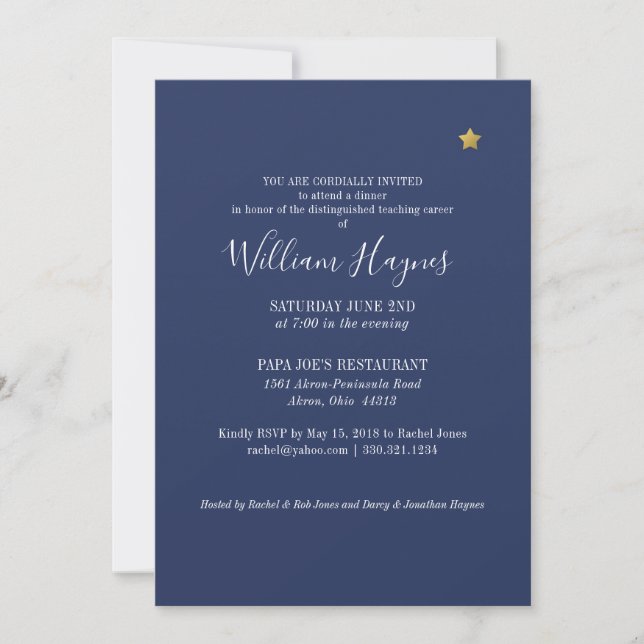 Shining Star Retirement Party Invitation Blue Gold (Front)