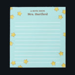Shining Stars Turquoise Lined A Note From Teacher<br><div class="desc">Turquoise A note from School Teacher notepad personalized with the teacher's name in brown against a light turquoise background and lots of shiny, round stars. Gold star themed teacher's notepad in robin egg blue with lines and the teacher's name. Personalized teacher's notepad with stars in yellow against a warm blue...</div>