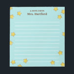 Shining Stars Turquoise Lined A Note From Teacher<br><div class="desc">Turquoise A note from School Teacher notepad personalized with the teacher's name in brown against a light turquoise background and lots of shiny, round stars. Gold star themed teacher's notepad in robin egg blue with lines and the teacher's name. Personalized teacher's notepad with stars in yellow against a warm blue...</div>