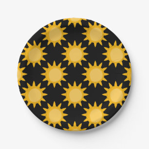 Shining Sun Illustration On Black Pattern Design Paper Plate
