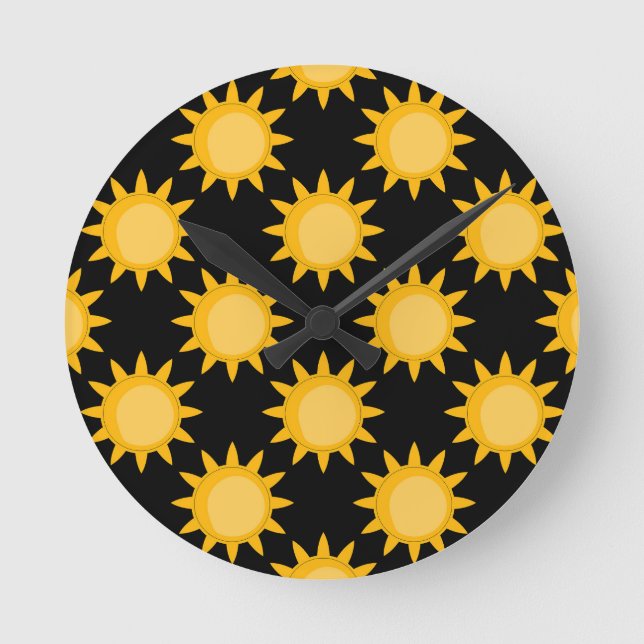 Shining Sun Illustration On Black Pattern Design  Round Clock (Front)