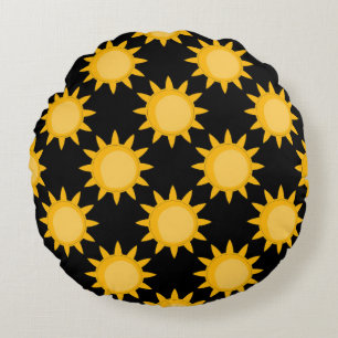 Shining Sun Illustration On Black Pattern Design Round Pillow