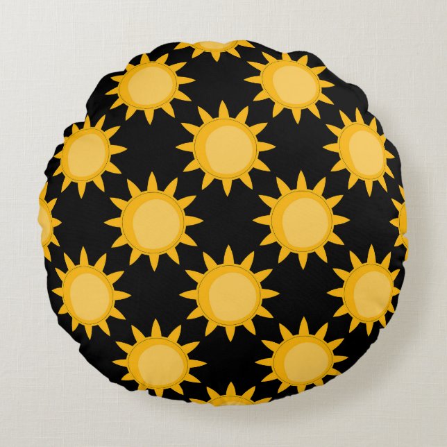 Shining Sun Illustration On Black Pattern Design  Round Pillow (Front)